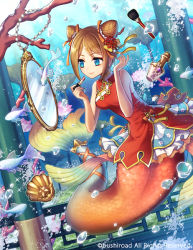 Rule 34 | 1girl, animal, applying makeup, architecture, blue eyes, blush, bottle, brown hair, bubble, bushiroad, cardfight!! vanguard, character request, china dress, chinese clothes, company name, cone hair bun, copyright notice, coral, cosmetics, double bun, dress, east asian architecture, fins, fish, flower, gem, hair bun, hair ornament, hair ribbon, holding, holding lipstick tube, layered dress, light rays, lipstick, lipstick tube, looking at mirror, lotus, makeup, makeup brush, mermaid, mirror, monster girl, official art, pearl (gemstone), perfume bottle, railing, ribbon, ronce, seashell, shell, sleeveless, sleeveless dress, smile, solo, tail, tail ornament, tail ribbon, underwater