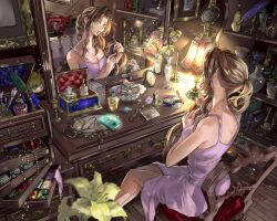 Rule 34 | 1girl, aerith gainsborough, book, bottle, brown hair, cait sith (ff7), candle, candle wax, candlelight, candlestand, carousel, cellphone, clock, cloud strife, crown, desk lamp, drawer, eni (yoyogieni), feathers, final fantasy, final fantasy vii, final fantasy vii remake, flower, gainsborough house, gem, green eyes, green feathers, high detail, highres, jacket, jewelry, jewelry box, lamp, lip balm, lipstick, looking at mirror, makeup, mirror, perfume bottle, phone, plant, potted plant, red jacket, sitting, square enix, stuffed toy, table, telescope, toy, vanity table, vase