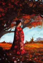Rule 34 | 1girl, absurdres, anato finnstark, artist name, asian, autumn leaves, black hair, blue sky, closed mouth, day, from side, hair bun, highres, japanese clothes, kimono, leaf, maple leaf, original, outdoors, profile, red kimono, red theme, sky, solo, tree