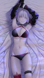 Rule 34 | 1girl, ahoge, armpits, arms up, bikini, black bikini, black gloves, black jacket, blush, breasts, choker, cleavage, fate/grand order, fate (series), gloves, grin, groin, hair between eyes, highres, jacket, jeanne d&#039;arc alter (swimsuit berserker) (fate), jeanne d&#039;arc (fate), jeanne d&#039;arc alter (fate), jeanne d&#039;arc alter (swimsuit berserker) (fate), large breasts, long hair, looking at viewer, navel, nipi27, o-ring, o-ring bikini, off shoulder, red thighhighs, shrug (clothing), single thighhigh, smile, solo, stomach, swimsuit, thighhighs, very long hair, white hair, yellow eyes