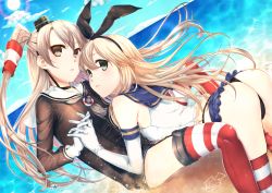 Rule 34 | 10s, 2girls, amatsukaze (kancolle), arched back, back, beach, between legs, black bow, black dress, black panties, blonde hair, blue skirt, blue sky, blush, bow, brown eyes, choker, closed mouth, crop top, day, dress, eyebrows, floating hair, garter straps, gloves, green eyes, hair between eyes, hair tubes, hairband, highleg, highleg panties, highres, holding hands, interlocked fingers, kantai collection, kitasaya ai, leaning back, leaning forward, leaning on person, lens flare, lifebuoy, long hair, looking at viewer, microskirt, miniskirt, multiple girls, ocean, outdoors, panties, parted lips, red legwear, sailor collar, sailor dress, shimakaze (kancolle), short dress, silver hair, sitting, skirt, sky, sleeveless, striped clothes, striped legwear, striped thighhighs, sun, swim ring, tassel, thighhighs, thong, two side up, underwear, white gloves
