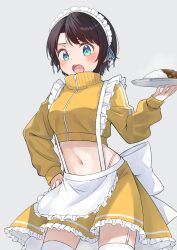 Rule 34 | 1girl, :o, absurdres, alternate costume, apron, black hair, blue eyes, blue jacket, blue ribbon, blue skirt, blush, breasts, commentary, crop top, cropped jacket, curry, curry rice, double vertical stripe, enmaided, food, frilled skirt, frills, furuneo10, grey background, hair ribbon, hand on own hip, highleg, highleg panties, highres, holding, holding plate, holding tray, hololive, jacket, jersey maid, long sleeves, looking at viewer, maid, maid apron, maid headdress, midriff, navel, oozora subaru, open mouth, panties, plate, revision, ribbon, rice, short hair, simple background, skirt, solo, steam, swept bangs, teeth, tongue, track jacket, tray, unconventional maid, underwear, upper teeth only, virtual youtuber, waist apron, white apron, white panties, zipper