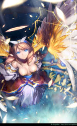 Rule 34 | 1girl, angel, angel wings, archangel (p&amp;d), arms behind back, bare shoulders, blue eyes, breasts, cleavage, collarbone, detached sleeves, downblouse, dress, electricity, from above, grass, hair between eyes, halo, highres, letterboxed, light brown hair, long hair, long sleeves, looking up, puzzle &amp; dragons, rugiadian, smile, solo, staff, standing, watermark, web address, white wings, wings