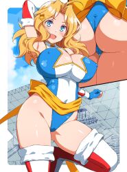 Rule 34 | 1girl, armpits, ass, blonde hair, blue eyes, blush, boots, breasts, cameltoe, cleavage, cleft of venus, cosplay, girls und panzer, hair ornament, highres, kamen america, kamen america (comic), kamen america (cosplay), kay (girls und panzer), large breasts, leotard, long hair, looking at viewer, nakamura yukitoshi, open mouth, smile, solo, star (symbol), star hair ornament, thigh boots, thighhighs