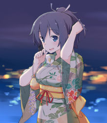 Rule 34 | 10s, 1girl, alternate costume, alternate hairstyle, bad id, bad pixiv id, blue eyes, blue hair, blush, eyes visible through hair, floral print, gradient background, hair between eyes, japanese clothes, kantai collection, kimono, looking at viewer, matching hair/eyes, obi, open mouth, plhsxf, ponytail, sash, short hair, short ponytail, solo, souryuu (kancolle), wide sleeves