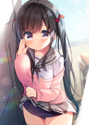Rule 34 | 1girl, :o, black bow, black hair, blue one-piece swimsuit, blurry, blurry background, blush, bow, breast press, breasts, cardigan, clothes lift, commentary request, cowboy shot, depth of field, getabako, grey sailor collar, grey skirt, hair between eyes, hair bow, hanamiya natsuka, hand up, lifting own clothes, long hair, looking at viewer, medium breasts, old school swimsuit, one-piece swimsuit, original, parted lips, pink cardigan, pleated skirt, purple eyes, red bow, sailor collar, school swimsuit, school uniform, serafuku, shirt, skirt, skirt lift, solo, standing, swimsuit, swimsuit under clothes, twintails, very long hair, white shirt