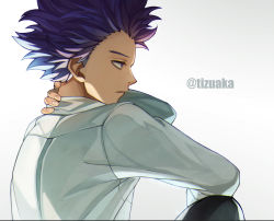 Rule 34 | 1boy, artist name, boku no hero academia, earrings, from side, grey background, hand on own neck, highres, jewelry, long sleeves, open mouth, pants, profile, shinsou hitoshi, simple background, solo, spiked hair, tonbanlove, twitter username, upper body, white background