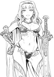 Rule 34 | 1girl, bikini, breasts, cape, cleavage, earrings, female focus, gluteal fold, greyscale, highres, holding, holding sword, holding weapon, idolmaster, jewelry, knight, large breasts, long hair, looking at viewer, midriff, monochrome, multi-strapped bikini, navel, shijou takane, skindentation, solo, standing, stomach, swimsuit, sword, thighhighs, tsurui, twitter, underboob, vambraces, weapon, white background
