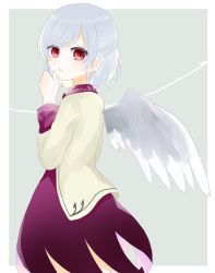 Rule 34 | 1girl, closed mouth, dress, from behind, grey background, hair between eyes, hand up, jacket, kishin sagume, long sleeves, looking at viewer, no headwear, pink sleeves, purple dress, red eyes, short hair, silver hair, simple background, single wing, solo, standing, teeth, touhou, umi (nana spring), white background, white jacket, white sleeves, wings
