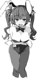 Rule 34 | 1girl, alternate costume, animal ears, bare arms, bare shoulders, blush, breast hold, breasts, cleavage, commentary request, cropped legs, detached collar, feet out of frame, greyscale, hair ribbon, himekaidou hatate, kamukamu (ars), large breasts, leaning forward, leotard, long hair, looking at viewer, monochrome, open mouth, pantyhose, playboy bunny, pointy ears, rabbit ears, ribbon, simple background, solo, standing, thighs, touhou, twintails, white background, wrist cuffs