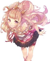 Rule 34 | 10s, 1girl, akieda, alternate costume, bent over, blonde hair, cagliostro (granblue fantasy), casual, crown, frilled skirt, frills, granblue fantasy, grin, highres, long hair, looking at viewer, purple eyes, skirt, smile