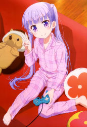 Rule 34 | 10s, 1girl, absurdres, barefoot, controller, dualshock, feet, flower, game controller, gamepad, hair flower, hair ornament, head tilt, highres, long hair, new game!, nyantype, official art, pajamas, playstation controller, purple eyes, purple hair, sitting, smile, solo, suzukaze aoba, toes, twintails, v