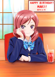 Rule 34 | 1girl, artist request, blazer, blue bow, blue bowtie, bow, bowtie, chair, cup, curtains, dutch angle, female focus, hand in own hair, ice, jacket, long sleeves, looking at viewer, love live!, love live! school idol project, nishikino maki, pleated skirt, purple eyes, red hair, school uniform, short hair, skirt, smile, solo, straw, striped bow, striped bowtie, striped clothes, table, window