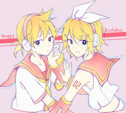 Rule 34 | 1boy, 1girl, black eyes, blonde hair, bow, breasts, brother and sister, detached sleeves, hair bow, hair ornament, hairclip, happy birthday, headphones, headset, kagamine len, kagamine len (vocaloid4), kagamine rin, kagamine rin (vocaloid4), limited palette, looking at viewer, midriff, moa (fade64222), number tattoo, sailor collar, shirt, shorts, shoulder tattoo, siblings, sketch, sleeveless, sleeveless shirt, small breasts, tattoo, treble clef, twins, upper body, vocaloid
