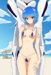 Rule 34 | absurdres, artist name, ayanami rei, beach, bikini, blue hair, blue sky, breasts, cloud, cloudy sky, collarbone, expressionless, highres, looking at viewer, mass production eva, micro bikini, navel, neon genesis evangelion, ocean, pale skin, red eyes, ryness, sand, short hair, sky, small breasts, swimsuit, tagme, thighs, water