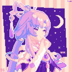 1girl crescent_moon fu_xuan_(honkai:_star_rail) hair_ornament hair_stick highres honkai:_star_rail honkai_(series) looking_to_the_side moon pink_background pixel_art portrait purple_background purple_eyes purple_hair solo star_(symbol) tomoruka_mr upper_body