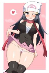 Rule 34 | 1girl, absurdres, alternate breast size, beanie, black hair, black socks, blush, breasts, commentary request, commission, creatures (company), curvy, dawn (pokemon), game freak, grey eyes, hat, heart, highres, large breasts, lifted by self, long hair, nintendo, one eye closed, panties, panty pull, pixiv commission, pokemon, pokemon dppt, socks, spoken heart, tankuro uri, thick thighs, thighs, underwear, white panties, wide-eyed, wide hips