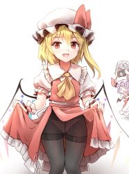 Rule 34 | 3girls, :d, ascot, black legwear, blonde hair, blush, bow, bow panties, camera, clothes lift, commentary request, crotch seam, crystal, fang, flandre scarlet, hat, hat ribbon, izayoi sakuya, long hair, minust, mob cap, multiple girls, open mouth, panties, panties under pantyhose, pantyhose, puffy short sleeves, puffy sleeves, red eyes, remilia scarlet, ribbon, short sleeves, side ponytail, simple background, skindentation, skirt, skirt lift, skirt set, smile, thighband pantyhose, touhou, underwear, white background, white panties, wings, wrist cuffs