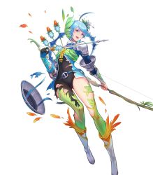 Rule 34 | 1girl, ahoge, armor, arrow (projectile), blue eyes, blue hair, boots, bow, bow (weapon), bowtie, earrings, feathers, fire emblem, fire emblem heroes, flower, full body, gloves, hair ornament, highres, jewelry, kakage, leaf, nintendo, official art, open mouth, quiver, solo, teeth, thighhighs, tokyo mirage sessions fe, torn clothes, transparent background, weapon, yumizuru eleanora