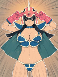 Rule 34 | 1girl, 2015, alien1452, armor, bikini armor, black eyes, black hair, boots, breasts, cape, chi-chi (dragon ball), cleavage, dated, dragon ball, gloves, gradient background, helmet, highres, large breasts, long hair, navel, solo, striped, striped background