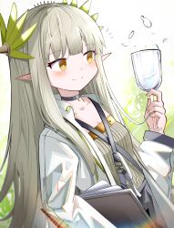 Rule 34 | 1girl, absurdres, arknights, black skirt, breasts, brown eyes, brown shirt, closed mouth, cup, dutch angle, elf, grey hair, hand up, highres, holding, holding cup, jacket, long hair, long sleeves, muelsyse (arknights), open clothes, open jacket, pointy ears, shirt, skirt, small breasts, smile, solo, spam (spamham4506), very long hair, water, white jacket