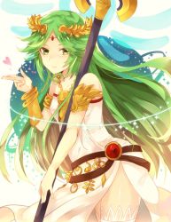 Rule 34 | 1girl, green eyes, green hair, hair ornament, jewelry, kid icarus, kid icarus uprising, long hair, lots of jewelry, matching hair/eyes, nintendo, palutena, solo, staff, thighhighs, weapon