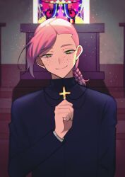 Rule 34 | 1boy, absurdres, braid, church, cross, cross necklace, freckles, green eyes, heterochromia, highres, indoors, jewelry, jojo no kimyou na bouken, light particles, long sleeves, looking at viewer, male focus, necklace, pink hair, smile, solo, stained glass, sunlight, vinegar doppio, yashio kurenai, yellow eyes