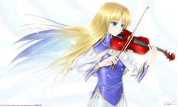 Rule 34 | 1girl, blonde hair, blue eyes, female focus, gradient background, highres, instrument, kiyokazu, long hair, signature, solo, violin, white background