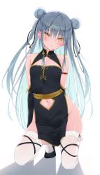 Rule 34 | 1girl, arms behind back, bad id, bad pixiv id, bare shoulders, black dress, black footwear, blue hair, blush, breasts, china dress, chinese clothes, clothing cutout, double bun, dress, full body, hair bun, head tilt, highres, kakoto, kneeling, long hair, looking at viewer, medium breasts, navel, navel cutout, open mouth, original, shoes, solo, thighhighs, thighs, very long hair, white background, white thighhighs, yellow eyes