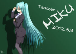 Rule 34 | 10s, 1girl, 2012, absurdres, adjusting eyewear, aqua eyes, aqua hair, bespectacled, black pantyhose, blazer, character name, dated, glasses, green background, hatsune miku, highres, jacket, long hair, pantyhose, shadow, solo, twintails, very long hair, vocaloid, yama-michi
