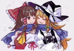 Rule 34 | 2girls, artist request, ascot, black dress, blonde hair, blue scarf, bow, braid, brown hair, bubble, buttons, closed mouth, collar, collared shirt, detached sleeves, dress, closed eyes, facing another, frilled hat, frilled sleeves, frills, hair bow, hair tubes, hakurei reimu, hat, hat bow, heads together, highres, kirisame marisa, long hair, long sleeves, multiple girls, nontraditional miko, open mouth, red bow, red eyes, red shirt, scarf, shirt, sidelocks, signature, sleeve ribbon, sleeveless, sleeveless shirt, smile, touhou, white bow, white collar, witch hat, yellow ascot