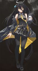 Rule 34 | 1girl, ahoge, animal ears, belt, black background, black hair, black jacket, black pantyhose, black skirt, breasts, closed mouth, coffee mug, commentary, cup, earrings, feipin zhanshi, frilled skirt, frills, full body, hair between eyes, highres, holding, horse ears, horse girl, jacket, jacket partially removed, jewelry, long bangs, long hair, long sleeves, looking at viewer, manhattan cafe (umamusume), mug, multicolored hair, necktie, open clothes, open jacket, pantyhose, pleated skirt, shirt, single earring, skirt, sleeveless, sleeveless shirt, small breasts, smoke trail, solo, straight-on, umamusume, very long hair, walking, white footwear, yellow eyes, yellow necktie