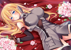 Rule 34 | 10s, 1girl, bismarck (kancolle), black panties, blonde hair, blue eyes, blush, breasts, elbow gloves, flower, gloves, kantai collection, large breasts, long hair, lying, military, military uniform, murasakio, on back, open mouth, panties, pink flower, pink rose, rose, shiny clothes, solo, underwear, uniform