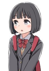 Rule 34 | 1girl, aged down, backpack, bag, black eyes, black hair, black jacket, blazer, blunt bangs, blush, bob cut, bow, bowtie, cardigan, commentary, dress shirt, jacket, kyak bamboo, looking away, mochizuki chihiro, open mouth, raised eyebrows, red bag, red bow, red bowtie, school uniform, shirt, short hair, simple background, solo, upper body, v arms, white background, white shirt, yellow cardigan