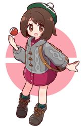 Rule 34 | 1girl, :d, backpack, bag, blush, boots, brown eyes, brown footwear, brown hair, cardigan, collared dress, commentary request, creatures (company), dress, full body, game freak, gloria (pokemon), green hat, green socks, grey cardigan, hand up, hat, highres, hood, hood down, hooded cardigan, long sleeves, looking at viewer, naga u, nintendo, open mouth, pink dress, poke ball, poke ball (basic), poke ball symbol, pokemon, pokemon swsh, smile, socks, solo, standing, tam o&#039; shanter, white background