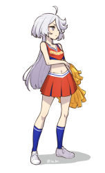 Rule 34 | 1girl, ahoge, alternate costume, bare arms, bare shoulders, blue socks, cheerleader, closed mouth, clothes writing, crop top, cross-laced footwear, full body, grey eyes, gundam, gundam suisei no majo, hair over one eye, hand on own elbow, heebee, holding, holding pom poms, long hair, looking away, midriff, miorine rembran, navel, one eye covered, orange skirt, pleated skirt, pom pom (cheerleading), pom poms, shadow, shoes, simple background, skirt, sneakers, socks, solo, standing, twitter username, white background, white footwear