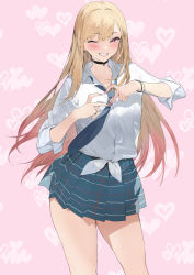 Rule 34 | 1girl, bead bracelet, beads, black choker, blonde hair, blue skirt, blush, bracelet, breasts, choker, collared shirt, colored tips, commentary, cowboy shot, earrings, fake nails, grin, heart, heart background, ikuchan kaoru, jewelry, kitagawa marin, large breasts, long hair, multicolored hair, necktie, one eye closed, piercing, pink background, plaid, plaid skirt, pleated skirt, red eyes, red hair, revision, ring, school uniform, shadow, shirt, simple background, skirt, smile, solo, sono bisque doll wa koi wo suru, tied shirt, white shirt