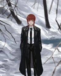 Rule 34 | 1girl, bare tree, black coat, black necktie, black pants, chainsaw man, coat, collared shirt, forest, formal, hands in pockets, highres, jacket, looking at viewer, makima (chainsaw man), medium hair, nature, necktie, pants, red hair, ringed eyes, shirt, shirt tucked in, sidelocks, snow, solo, suit, suit jacket, tree, white shirt, yellow eyes, yohohoi