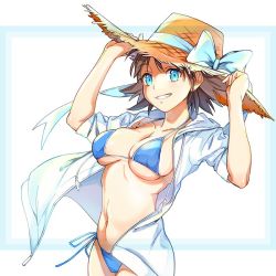 Rule 34 | 1girl, bad id, bad twitter id, bikini, blue bikini, blue border, blue eyes, border, breasts, brown hair, cowboy shot, flipped hair, grin, hat, hiei (kancolle), holding, holding hat, hood, hooded jacket, hoodie, jacket, kantai collection, large breasts, open clothes, saki (little crown), short hair, side-tie bikini bottom, simple background, skindentation, smile, solo, straw hat, sun hat, swimsuit, white background, white jacket