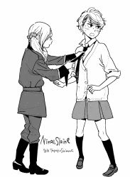Rule 34 | 1boy, 1girl, adjusting clothes, adjusting necktie, aldnoah.zero, artist name, blush, boots, cardigan, character name, commentary request, cosplay, costume switch, dated, full body, greyscale, highres, kneehighs, loafers, long sleeves, looking away, low twintails, military, military uniform, miniskirt, monochrome, necktie, nina klein, nina klein (cosplay), official art, pleated skirt, profile, school uniform, shimura takako, shoes, simple background, skirt, slaine troyard, slaine troyard (cosplay), sleeves rolled up, socks, twintails, uniform, white background