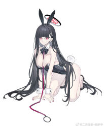 Rule 34 | 1girl, all fours, alternate costume, animal ear hairband, animal ears, bare arms, bare legs, bare shoulders, black bow, black bowtie, black footwear, black hair, black hairband, black halo, black leotard, blue archive, blunt bangs, bow, bowtie, breasts, buckle, chinese commentary, cleavage, closed mouth, collar, collarbone, commentary request, detached collar, echj, expressionless, eyelashes, fake animal ears, fake tail, full body, hairband, halo, heart, heart-shaped buckle, high heels, highres, large breasts, leash, leotard, long hair, looking at viewer, low neckline, nail, playboy bunny, rabbit ear hairband, rabbit ears, red eyes, red nails, rio (blue archive), simple background, solo, straight hair, tail, tsurime, very long hair, watermark, weibo logo, weibo watermark, white background, white collar, white wrist cuffs, wrist cuffs