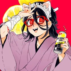 Rule 34 | 1girl, @ @, animal ear hairband, animal ears, arm up, bandaged wrist, bandages, black hair, bleeding, blood, blush, can, cat ear hairband, cat ears, collarbone, commentary request, drinking straw, drunk, fake animal ears, food, fruit, furrowed brow, hair between eyes, hairband, half updo, holding, holding can, japan, japanese clothes, kimono, lemon, lemon slice, long hair, looking at viewer, maid headdress, nanimonothing, nose blush, open mouth, original, personification, price tag, purple kimono, raised eyebrows, red background, red eyes, simple background, smile, solo, strong zero, tongue, tongue out, upper body, w