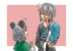 Rule 34 | 1boy, 1girl, animal ears, capelet, closed eyes, glasses, grey hair, grin, long sleeves, mimuni362, morichika rinnosuke, mouse ears, nazrin, open mouth, red eyes, short hair, simple background, smile, touhou