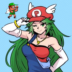 Rule 34 | 1girl, akairiot, aqua background, bracelet, breasts, cleavage, cosplay, elbow gloves, gloves, green eyes, green hair, hand on headwear, hand on own hip, hat, jewelry, kid icarus, large breasts, long hair, luigi, mario, mario (cosplay), mario (series), necklace, nintendo, one eye closed, overalls, palutena, pit (kid icarus), polka dot, polka dot background, red headwear, smile, upper body, white gloves, wink
