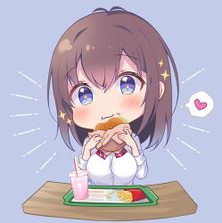 Rule 34 | + +, 1girl, :t, antenna hair, blue background, blue eyes, brown hair, burger, chibi, closed mouth, collared shirt, commentary request, cup, disposable cup, dress shirt, drinking straw, eating, fast food, food, food on face, french fries, hair between eyes, heart, holding, holding food, long sleeves, looking at viewer, original, school uniform, shiro kuma shake, shirt, simple background, solo, sparkle, spoken heart, tray, wavy hair, white shirt