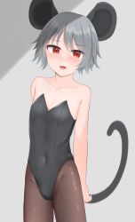 Rule 34 | 1boy, alternate costume, animal ears, black leotard, brown pantyhose, commentary request, covered navel, cowboy shot, crossdressing, dakuazu, genderswap, genderswap (ftm), grey hair, highres, leotard, looking at viewer, male focus, mouse boy, mouse ears, mouse tail, nazrin, open mouth, pantyhose, red eyes, short hair, solo, strapless, strapless leotard, tail, touhou, trap