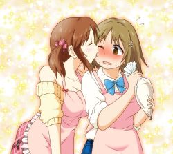 Rule 34 | 10s, 2girls, 7001, apron, bare shoulders, blonde hair, blush, bow, breasts, brown hair, collarbone, hair ornament, idolmaster, idolmaster cinderella girls, large breasts, licking, mimura kanako, multiple girls, pastry bag, sleeves rolled up, sweatdrop, tongue, tongue out, totoki airi, wavy mouth, wince, yuri