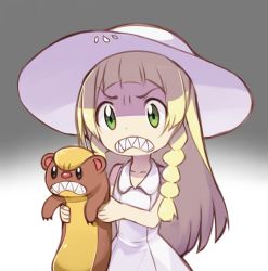 Rule 34 | 1girl, angry, blonde hair, clenched teeth, copying, creatures (company), dress, frown, game freak, gen 7 pokemon, green eyes, hat, holding, imitating, lillie (pokemon), long hair, nintendo, pokemon, pokemon (creature), pokemon sm, scowl, sharp teeth, simple background, sukemyon, sun hat, sundress, teeth, yungoos