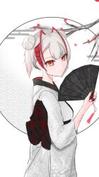 Rule 34 | 1girl, antennae, arknights, demon horns, double bun, grey hair, hair bun, hand fan, highres, holding, horns, japanese clothes, kimono, looking at viewer, multicolored hair, myb52, red eyes, red hair, short hair, simple background, solo, w (arknights), white kimono, wide sleeves