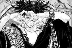 Rule 34 | 1boy, arm tattoo, bead necklace, beads, chest tattoo, choso (jujutsu kaisen), closed mouth, greyscale, hands up, heart, heart hands, highres, jewelry, jujutsu kaisen, lip piercing, looking at viewer, male focus, monochrome, necklace, one eye closed, piercing, prayer beads, robe, short hair, short twintails, solo, ss utr3n, tattoo, twintails, twitter username, upper body